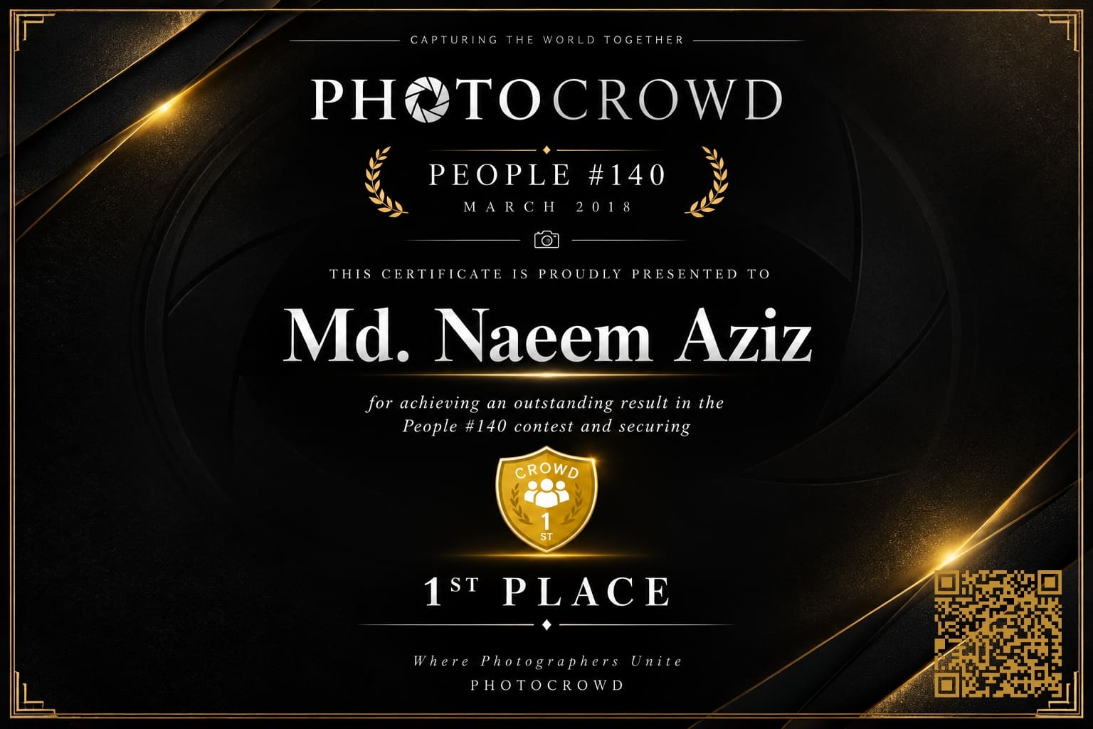 1st Place Winner in an International Photography Contest